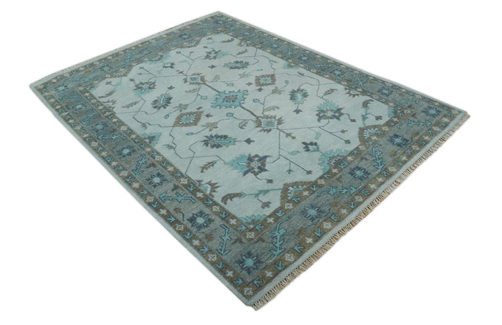 Antique Style Teal and Brown Hand Knotted Oriental Oushak 8x10 wool Area Rug - The Rug Decor