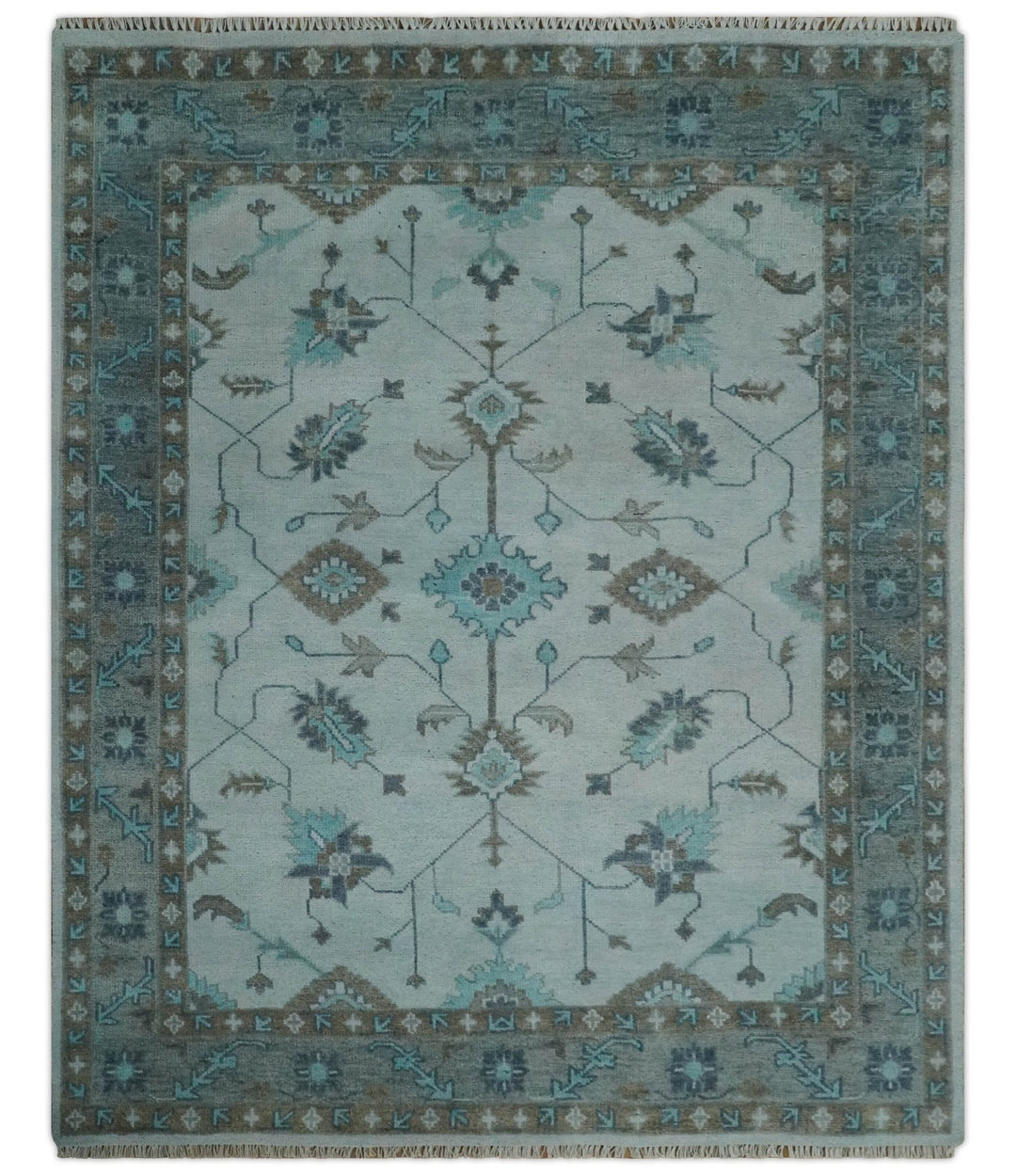 Antique Style Teal and Brown Hand Knotted Oriental Oushak 8x10 wool Area Rug - The Rug Decor