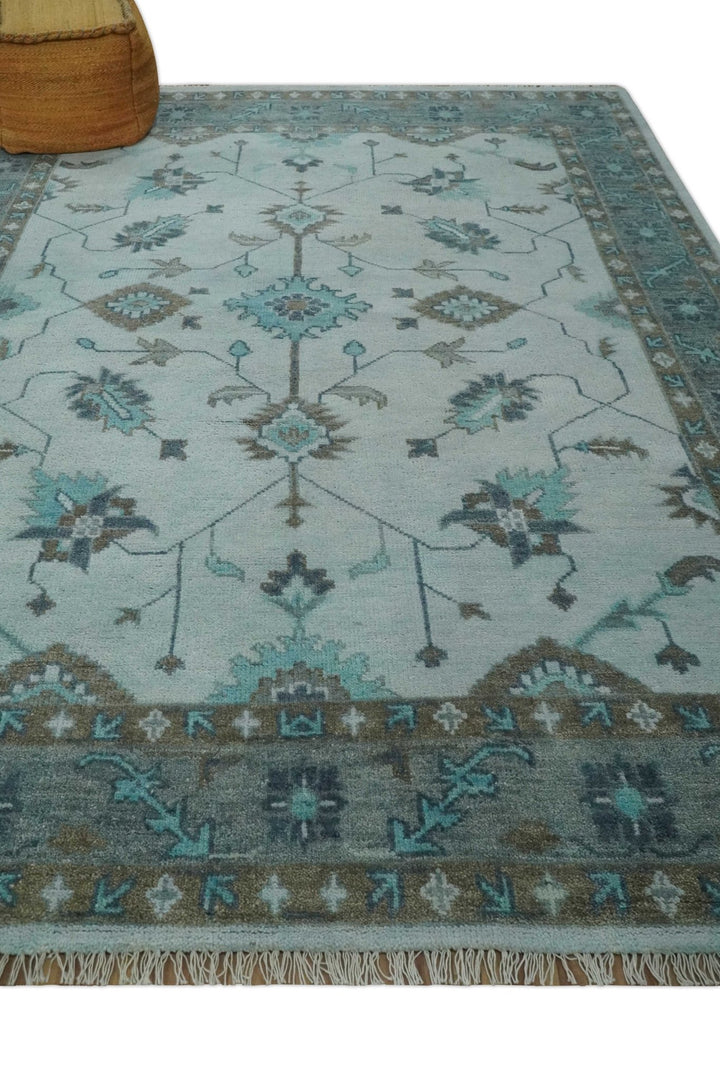 Antique Style Teal and Brown Hand Knotted Oriental Oushak 8x10 wool Area Rug - The Rug Decor