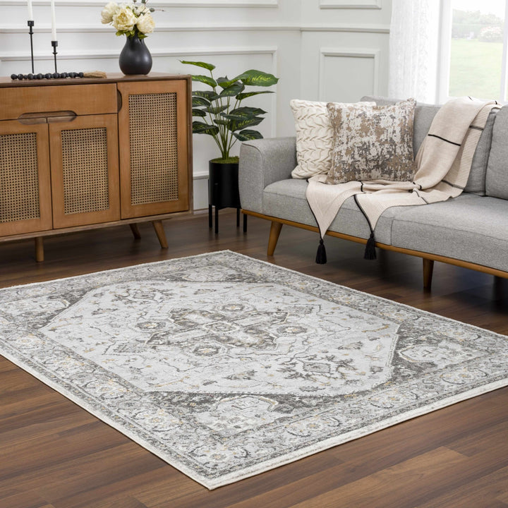 Antique Style Traditional Design Heriz Gray, Charcoal And Gold Area Rug - The Rug Decor