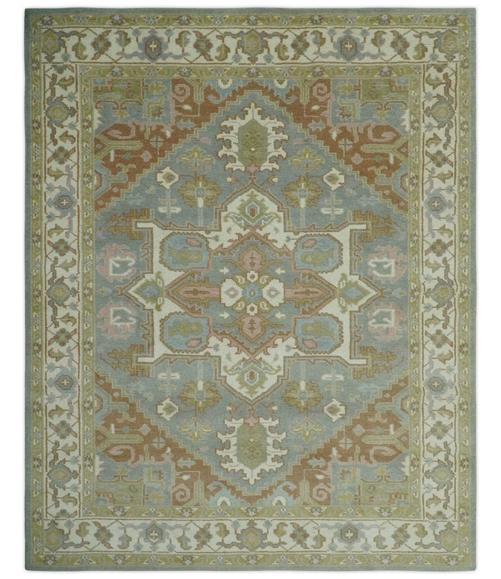Antique Style Traditional Heriz Gray, Ivory, Peach and Olive Hand Knotted Multi Size wool Area Rug - The Rug Decor