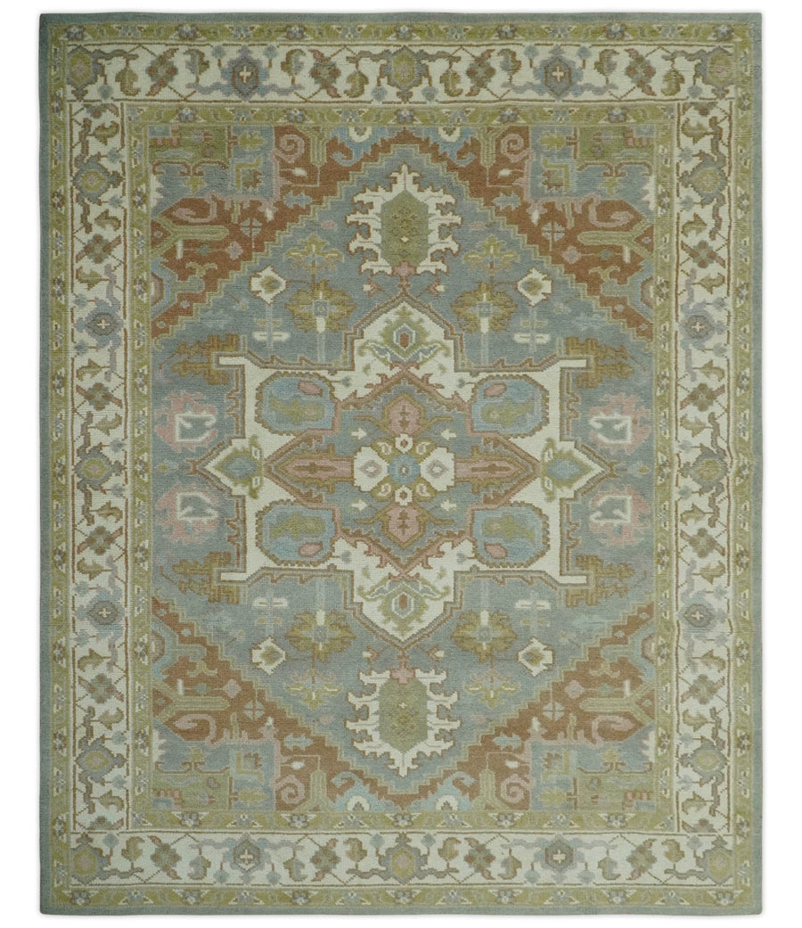 Antique Style Traditional Heriz Gray, Ivory, Peach and Olive Hand Knotted Multi Size wool Area Rug - The Rug Decor