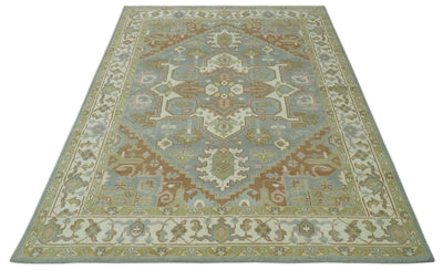 Antique Style Traditional Heriz Gray, Ivory, Peach and Olive Hand Knotted Multi Size wool Area Rug - The Rug Decor