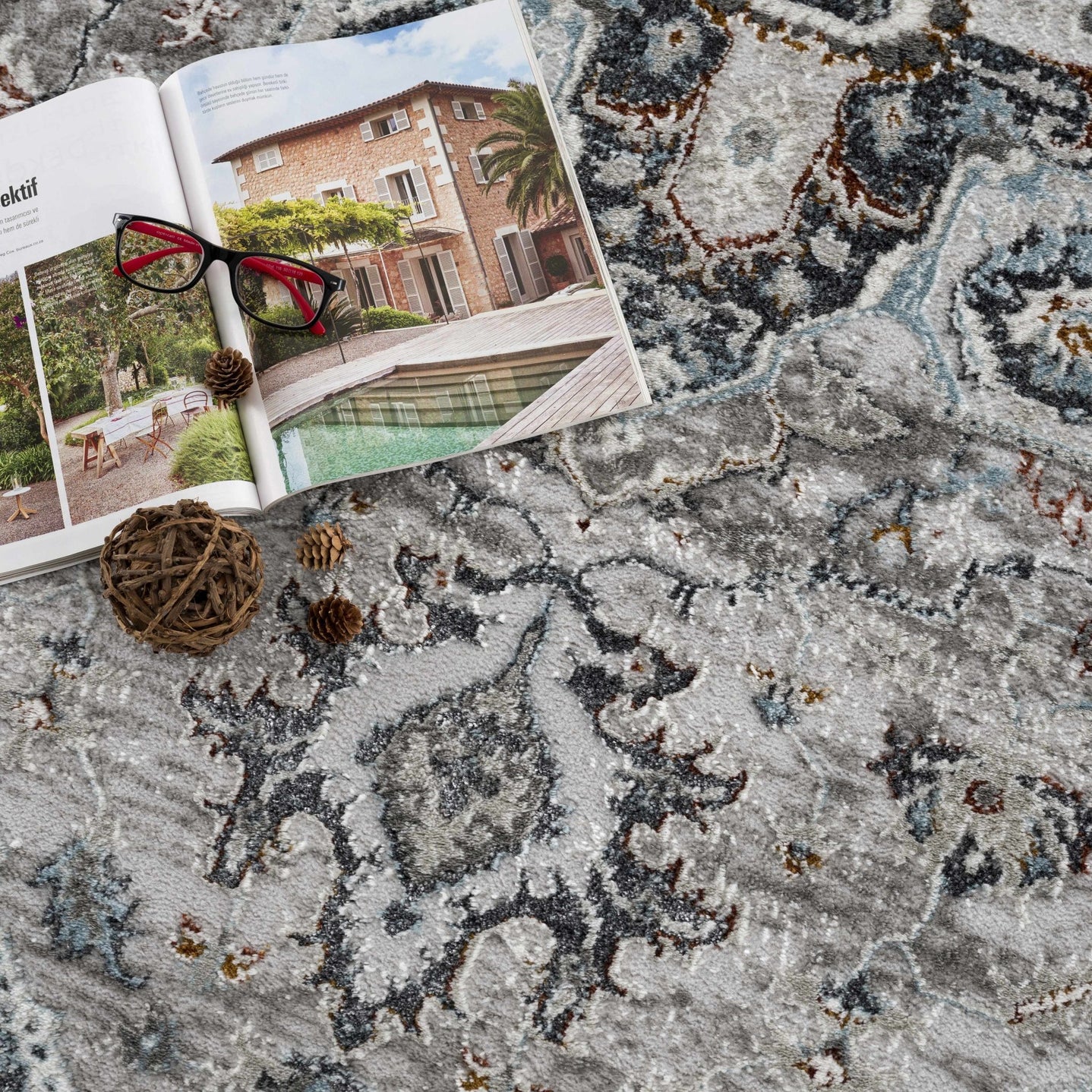 Antique Style Traditional Turkish Design Gray, Charcoal, Teal and Brown Area Rug - The Rug Decor