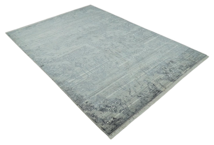 Antique Style transitional 8x11 Beige and Charcoal hand knotted Wool and art silk Area Rug - The Rug Decor