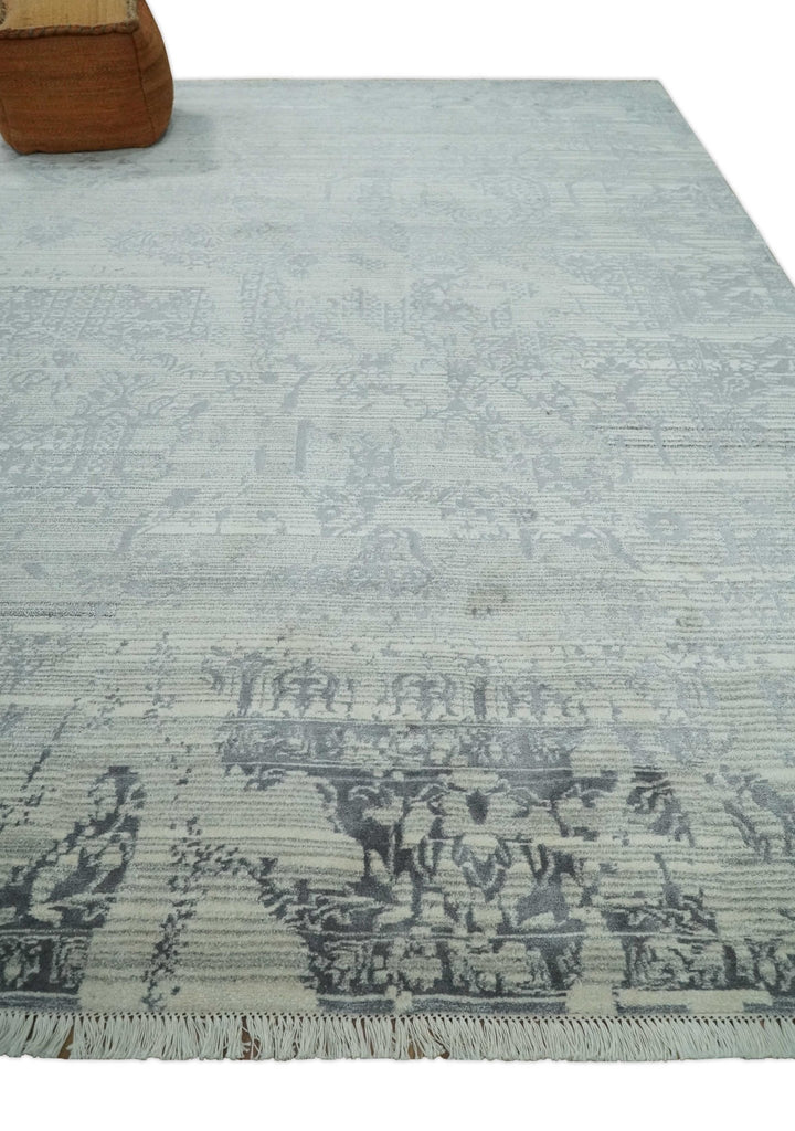 Antique Style transitional 8x11 Beige and Charcoal hand knotted Wool and art silk Area Rug - The Rug Decor