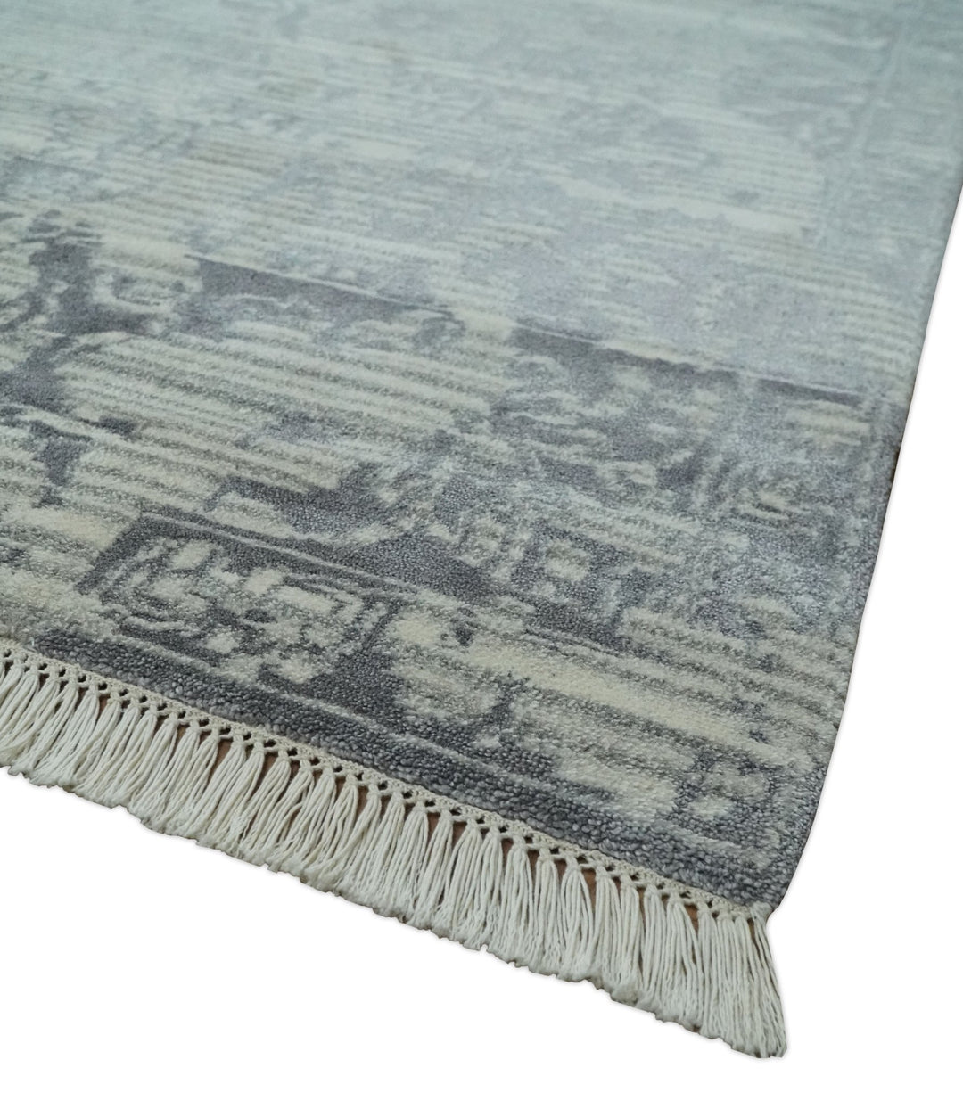 Antique Style transitional 8x11 Beige and Charcoal hand knotted Wool and art silk Area Rug - The Rug Decor