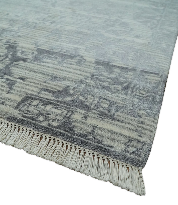 Antique Style transitional 8x11 Beige and Charcoal hand knotted Wool and art silk Area Rug - The Rug Decor
