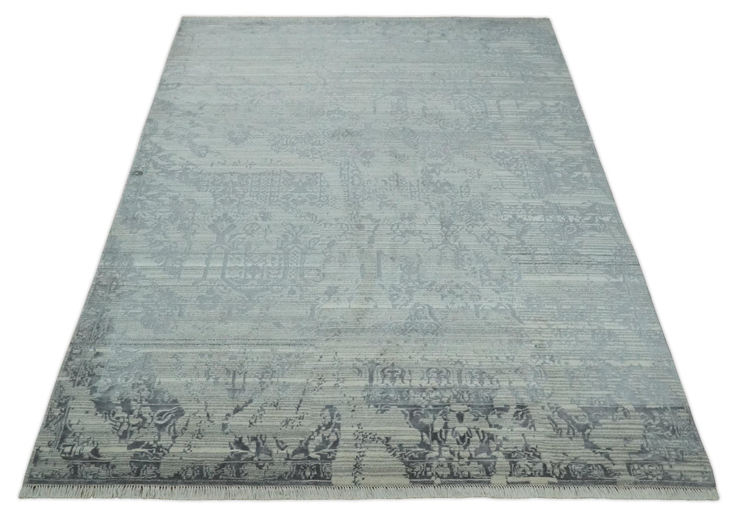 Antique Style transitional 8x11 Beige and Charcoal hand knotted Wool and art silk Area Rug - The Rug Decor