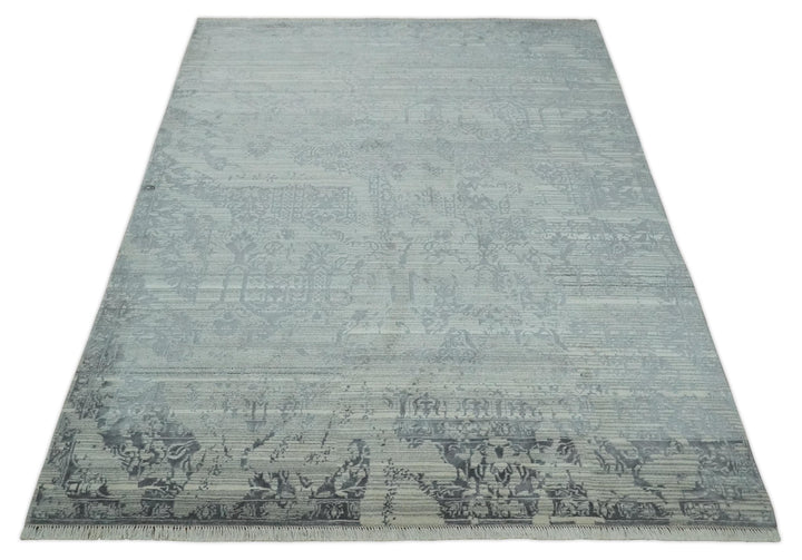 Antique Style transitional 8x11 Beige and Charcoal hand knotted Wool and art silk Area Rug - The Rug Decor