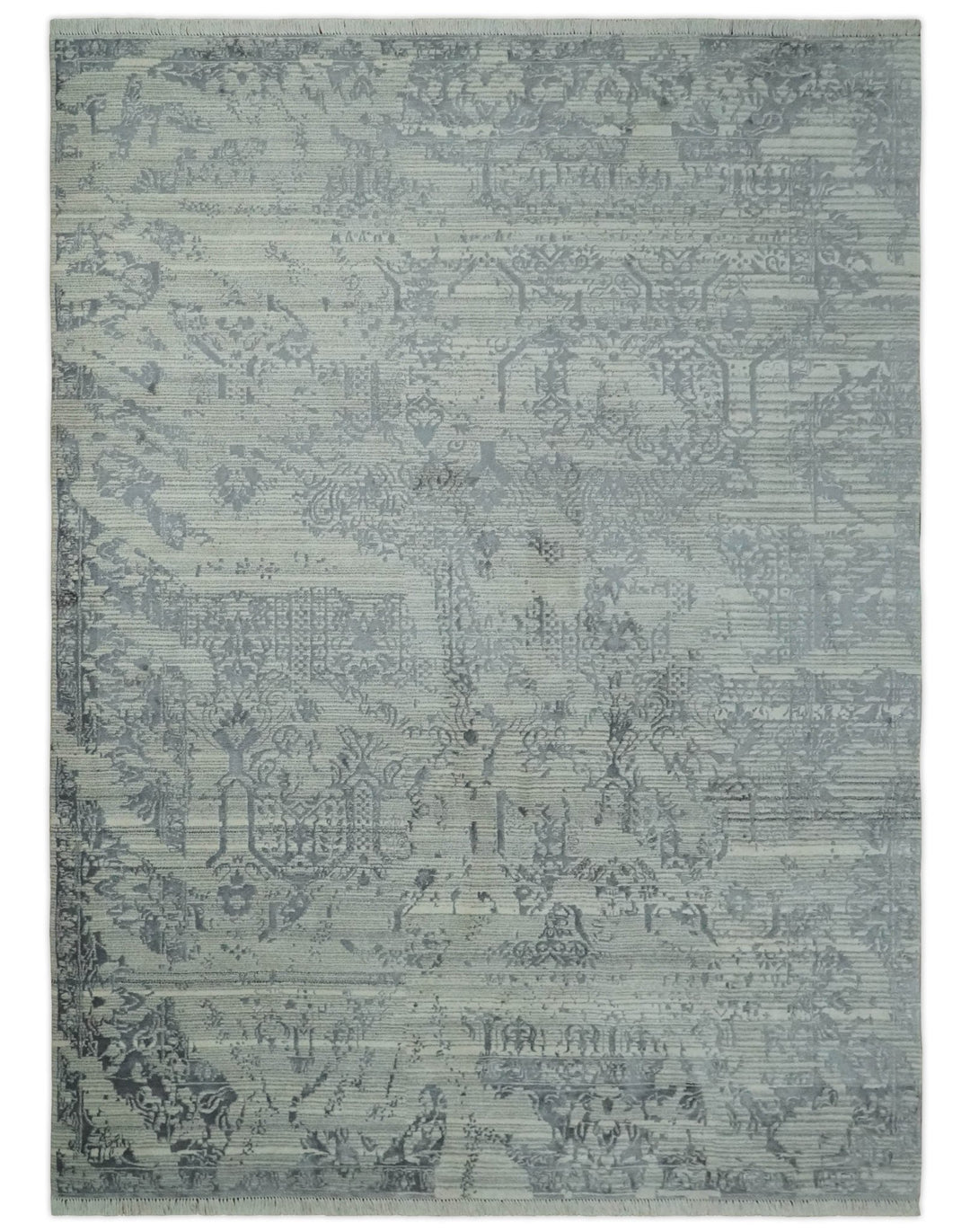 Antique Style transitional 8x11 Beige and Charcoal hand knotted Wool and art silk Area Rug - The Rug Decor