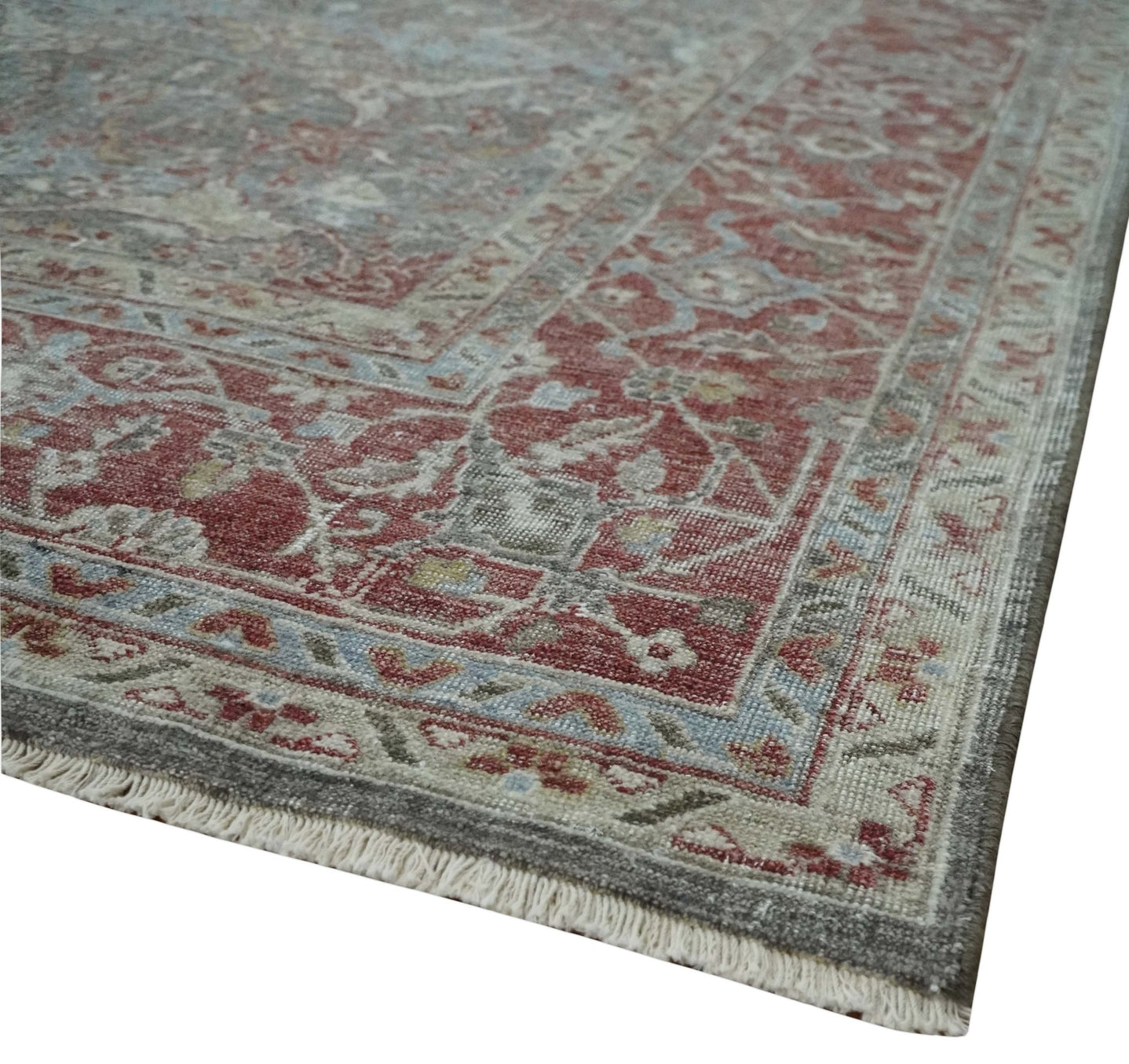Antique Style Vintage Finish Low Pile Hand Knotted Gray, Silver and Rust Traditional Oushak Wool Rug | TRD2779 - The Rug Decor