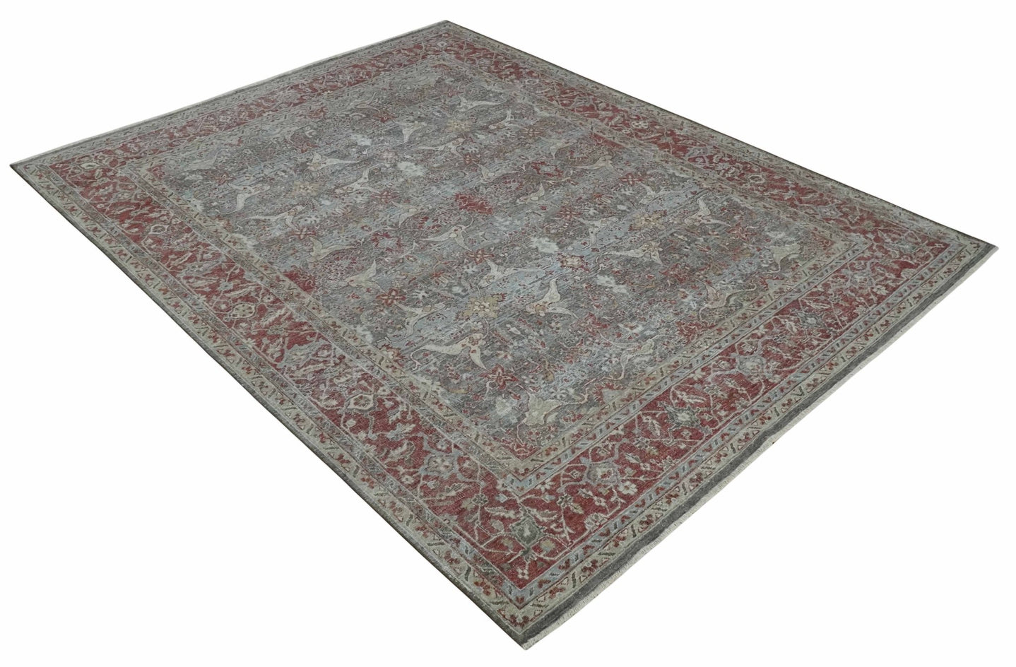 Antique Style Vintage Finish Low Pile Hand Knotted Gray, Silver and Rust Traditional Oushak Wool Rug | TRD2779 - The Rug Decor