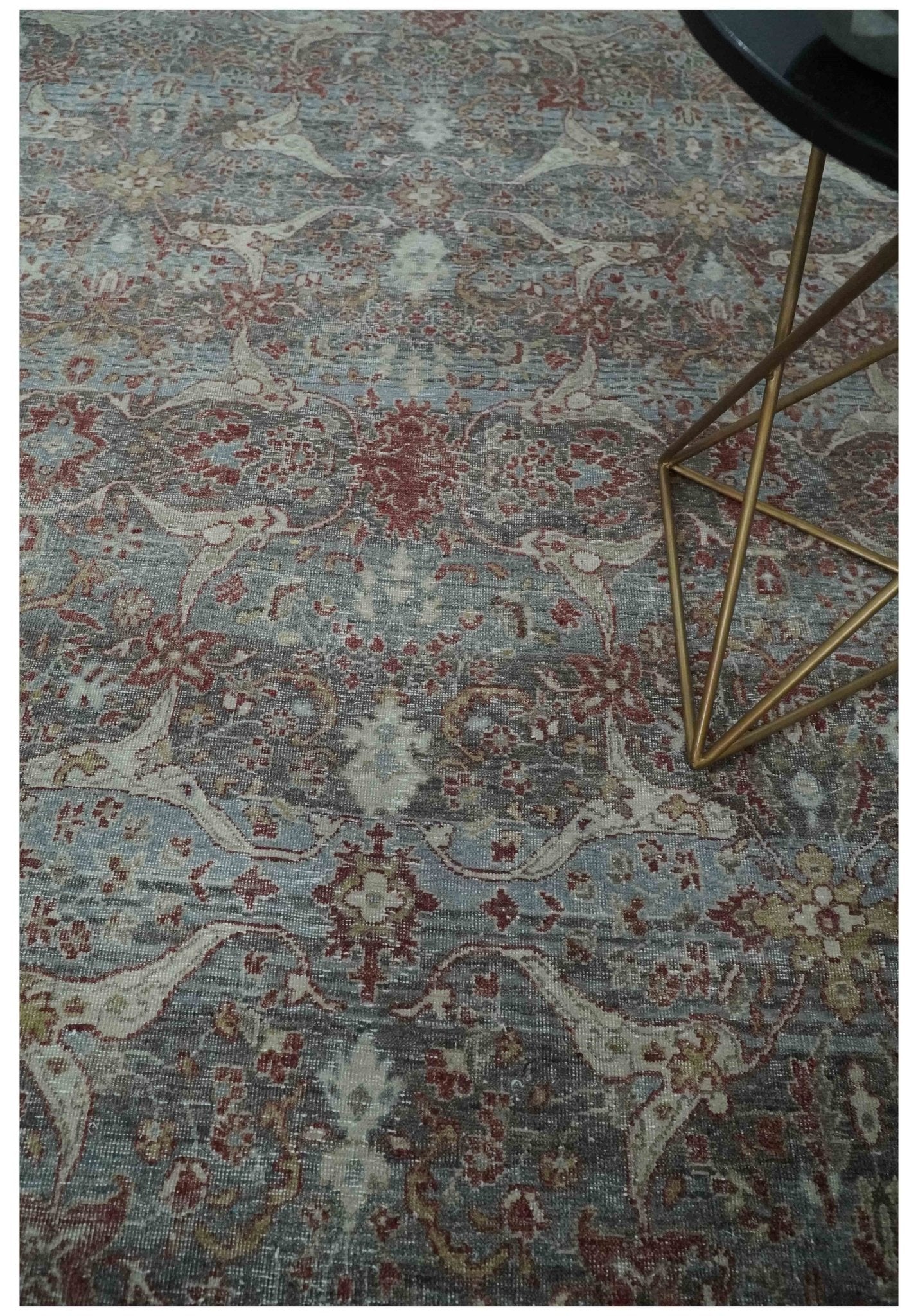 Antique Style Vintage Finish Low Pile Hand Knotted Gray, Silver and Rust Traditional Oushak Wool Rug | TRD2779 - The Rug Decor