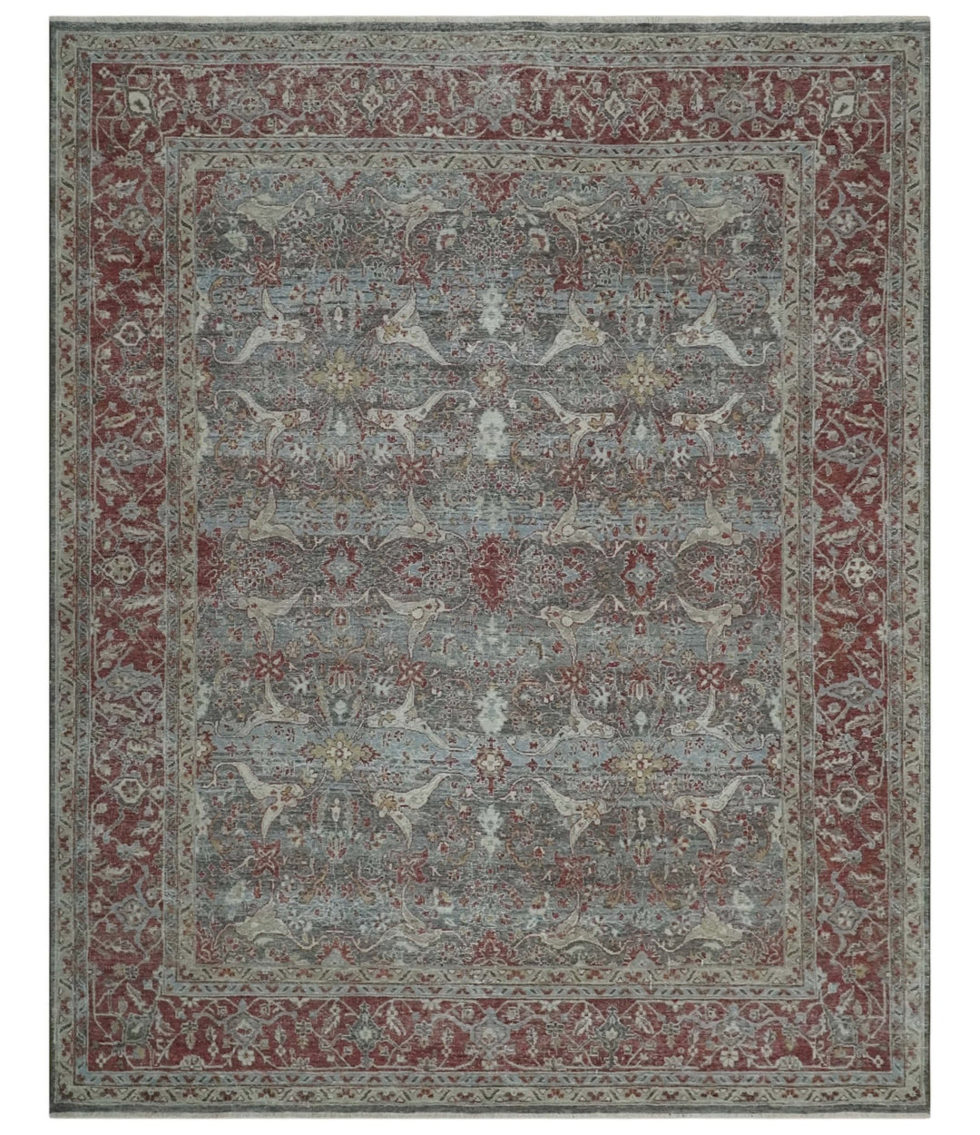 Antique Style Vintage Finish Low Pile Hand Knotted Gray, Silver and Rust Traditional Oushak Wool Rug | TRD2779 - The Rug Decor