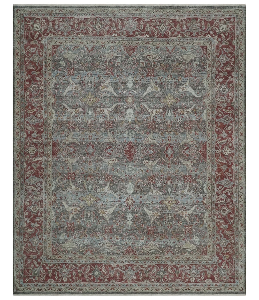 Antique Style Vintage Finish Low Pile Hand Knotted Gray, Silver and Rust Traditional Oushak Wool Rug | TRD2779 - The Rug Decor