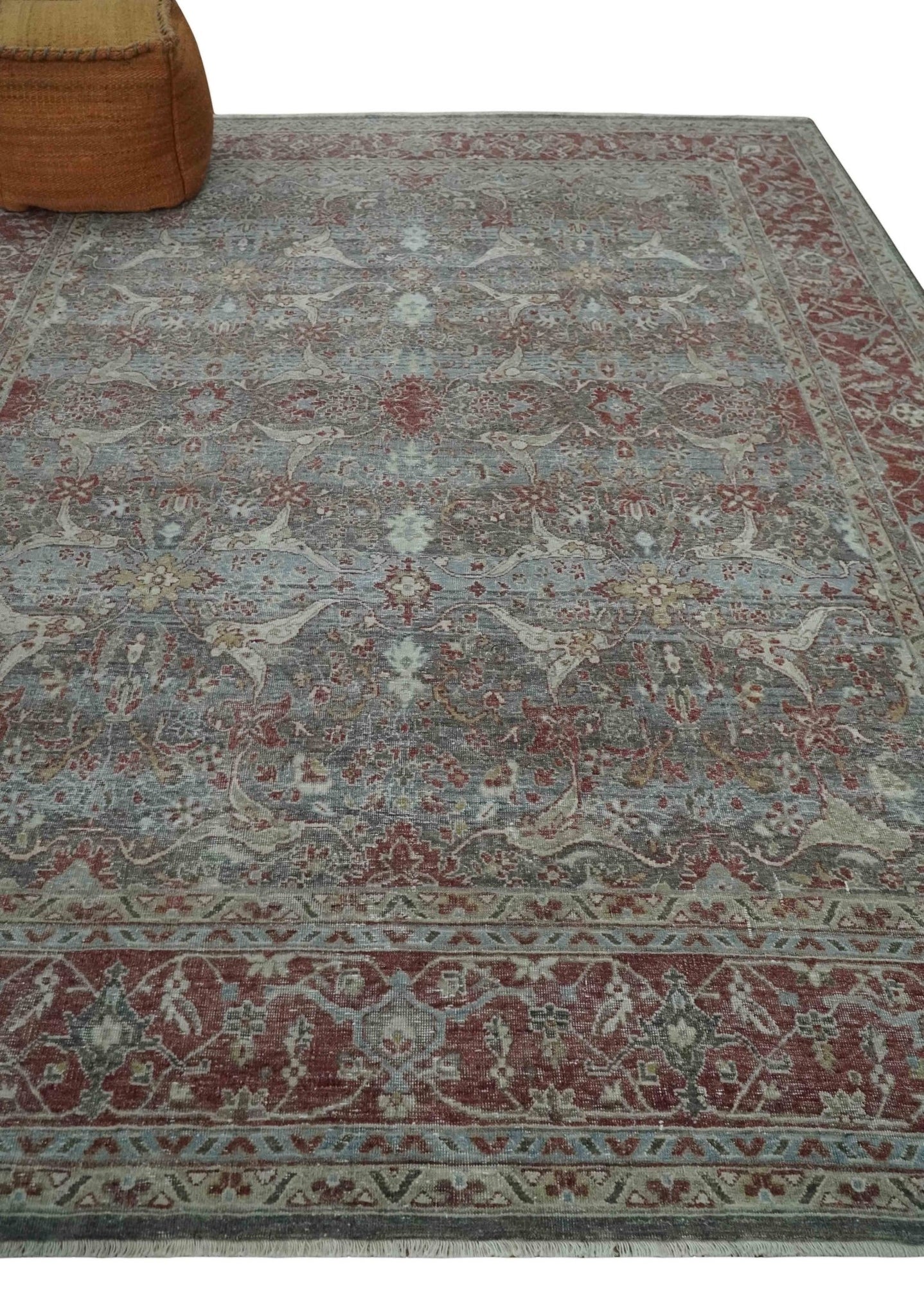 Antique Style Vintage Finish Low Pile Hand Knotted Gray, Silver and Rust Traditional Oushak Wool Rug | TRD2779 - The Rug Decor