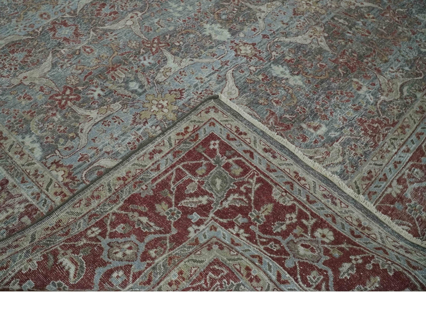 Antique Style Vintage Finish Low Pile Hand Knotted Gray, Silver and Rust Traditional Oushak Wool Rug | TRD2779 - The Rug Decor