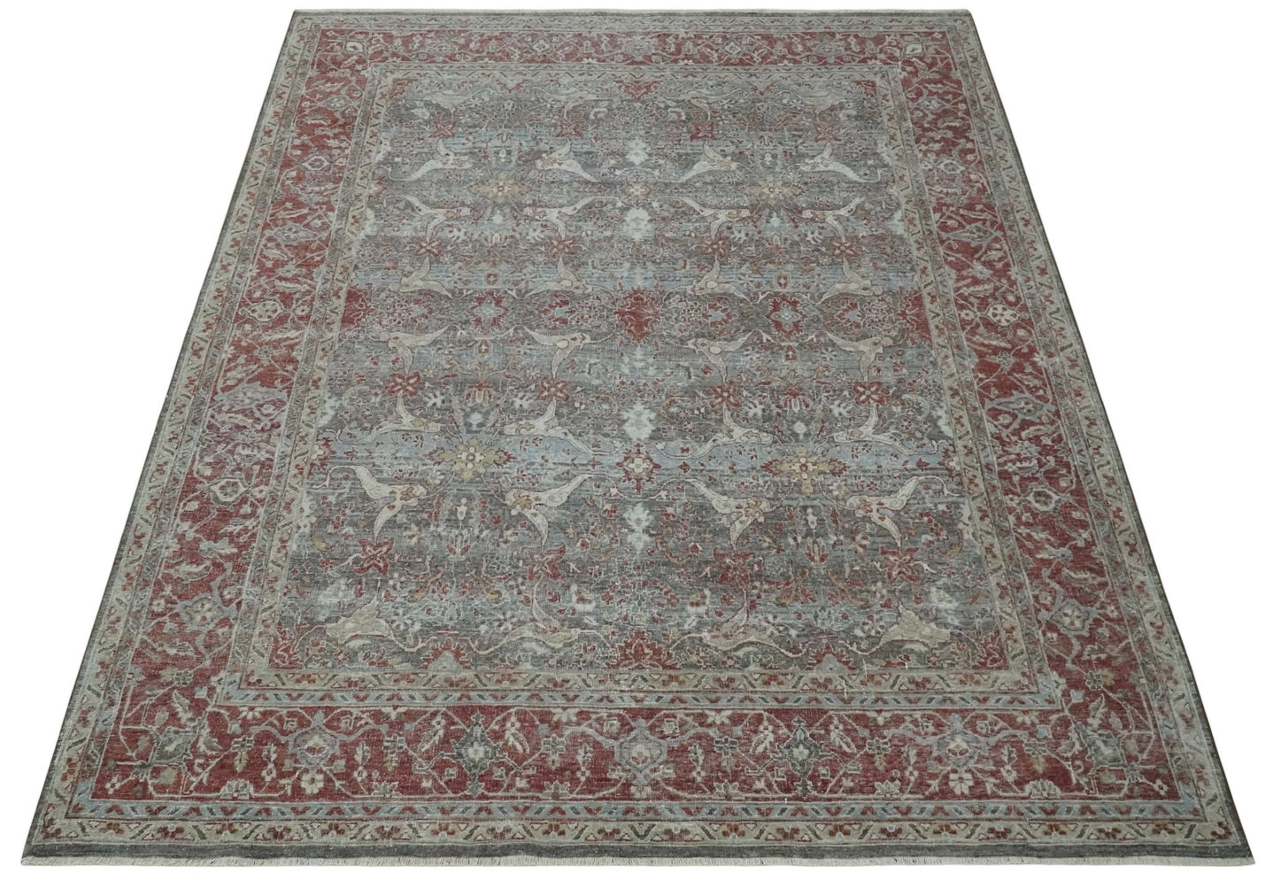 Antique Style Vintage Finish Low Pile Hand Knotted Gray, Silver and Rust Traditional Oushak Wool Rug | TRD2779 - The Rug Decor