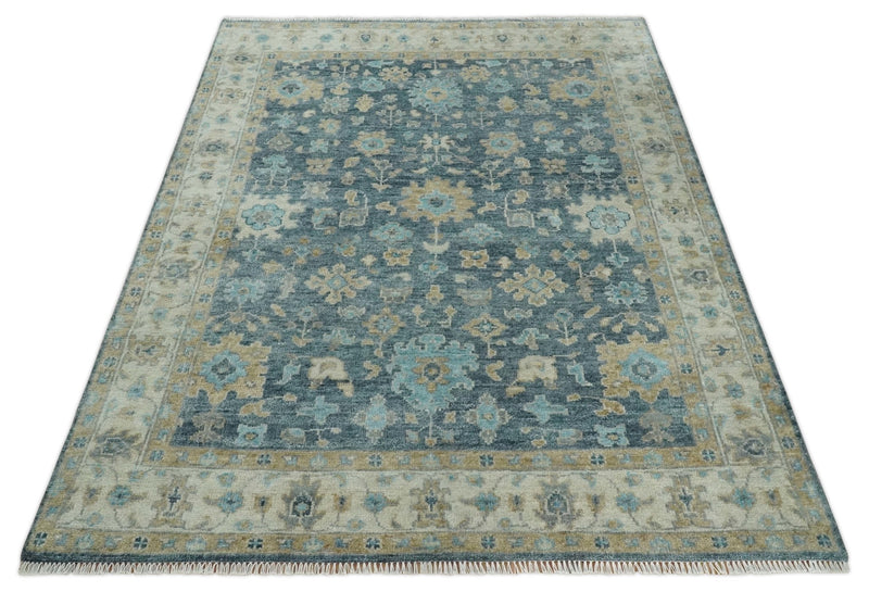 Antique Teal Blue 6x9, 8x10, 9x12, 10x14 and 12x15 Hand Knotted Oriental Oushak Ivory and Beige Wool Area Rug | TRD2760 - The Rug Decor