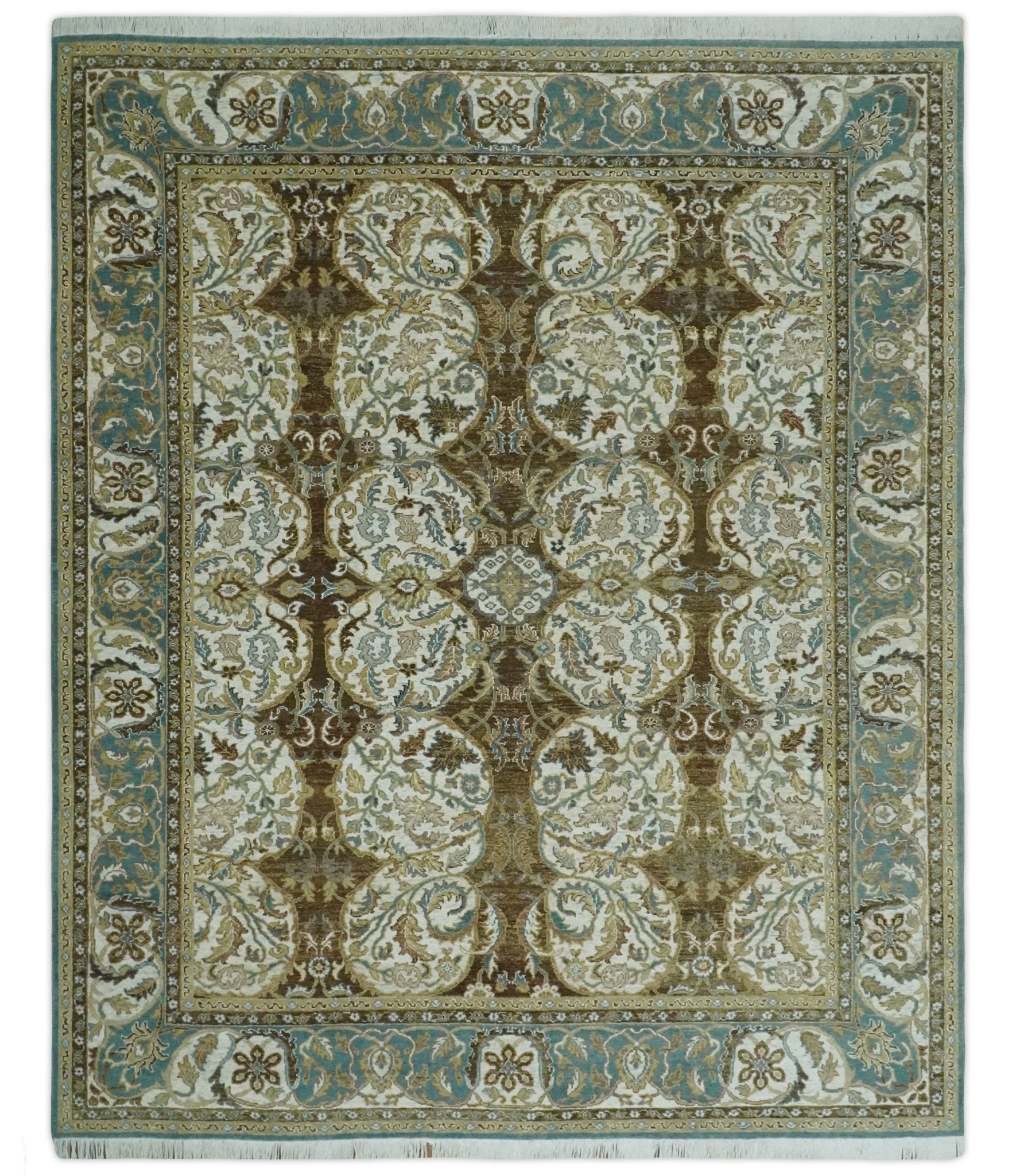 Antique Turkish 8x10 Hand Knotted Brown, Ivory and Blue Persian