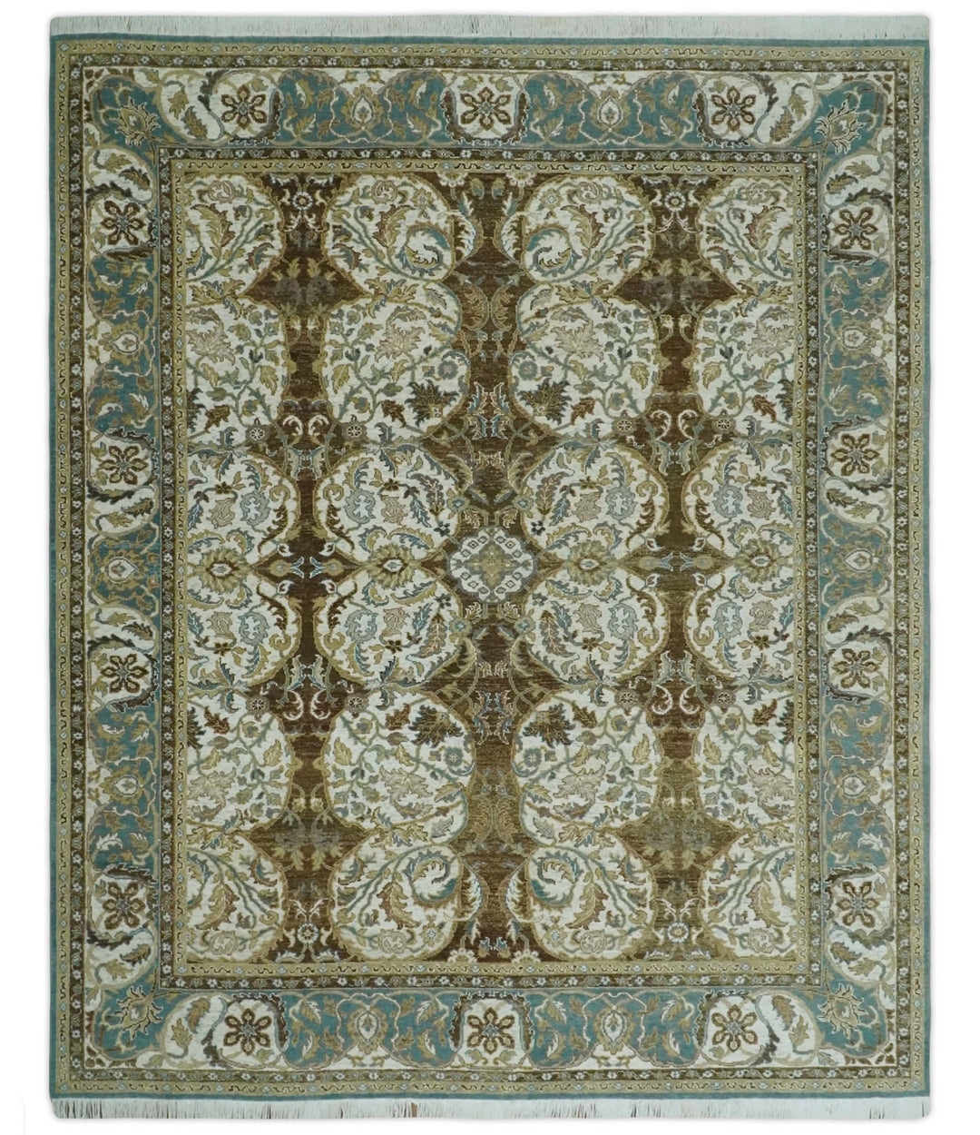 Antique Turkish 8x10 Hand Knotted Brown, Ivory and Blue Persian Rug | AC20810 - The Rug Decor