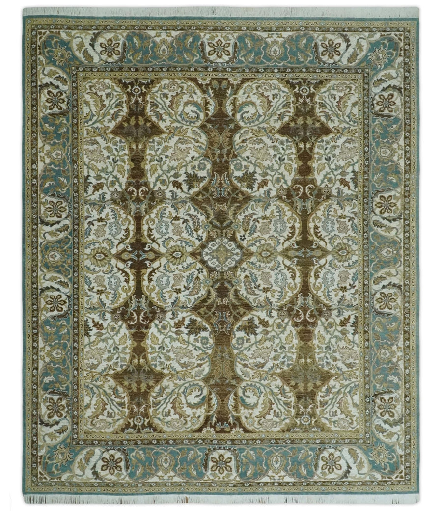Antique Turkish 8x10 Hand Knotted Brown, Ivory and Blue Persian Rug | AC20810 - The Rug Decor