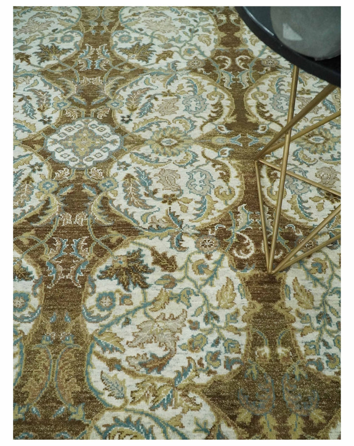 Antique Turkish 8x10 Hand Knotted Brown, Ivory and Blue Persian Rug | AC20810 - The Rug Decor