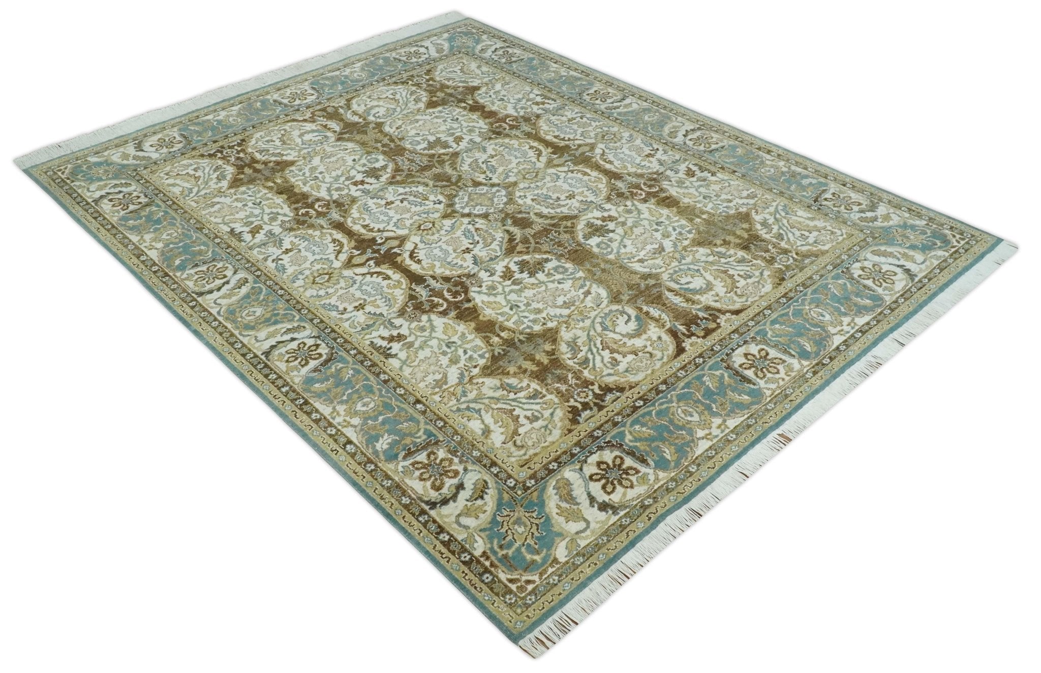 Antique Turkish 8x10 Hand Knotted Brown, Ivory and Blue Persian