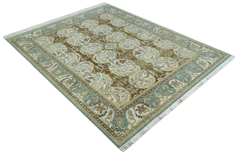 Antique Turkish 8x10 Hand Knotted Brown, Ivory and Blue Persian Rug | AC20810 - The Rug Decor