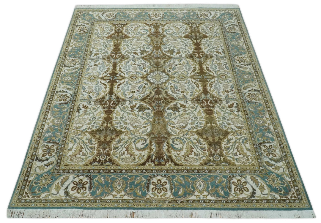 Antique Turkish 8x10 Hand Knotted Brown, Ivory and Blue Persian Rug | AC20810 - The Rug Decor