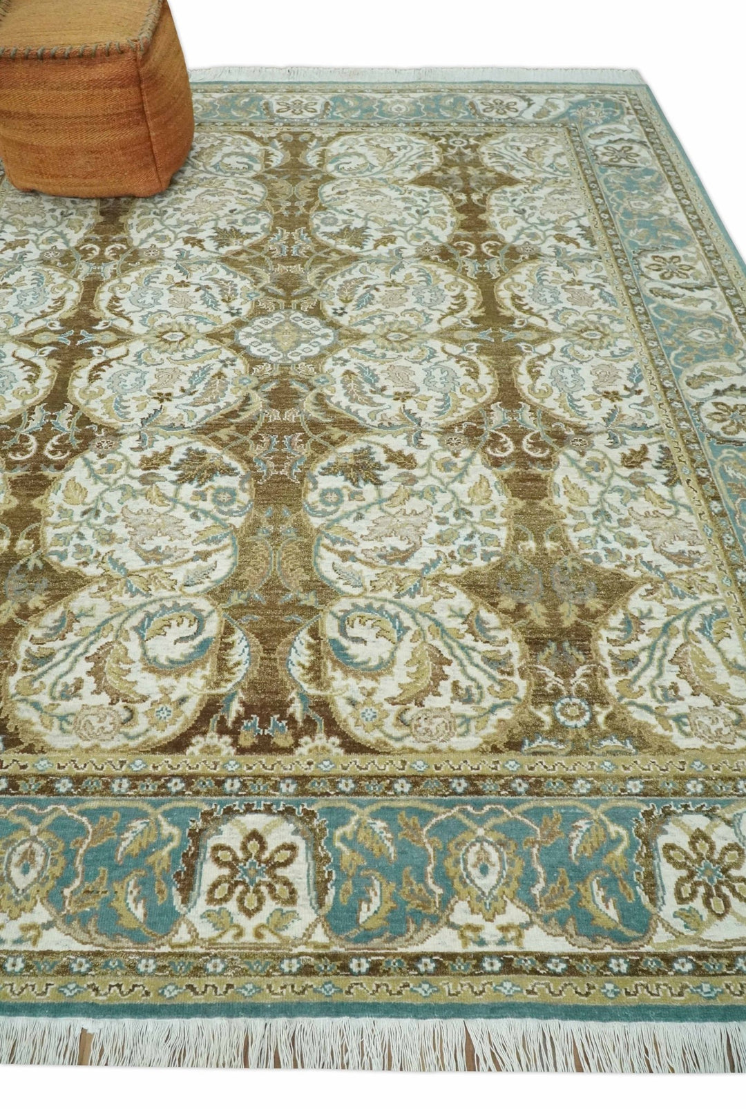 Antique Turkish 8x10 Hand Knotted Brown, Ivory and Blue Persian Rug | AC20810 - The Rug Decor