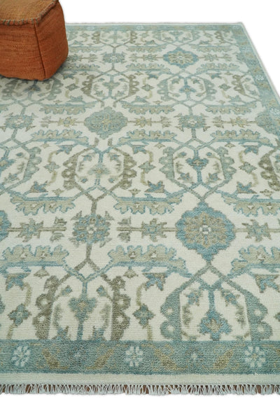 Antique Turkish Oushak 8x10 Beige and Blue Hand Knotted Large Wool Area Rug | TRDCP428810 - The Rug Decor