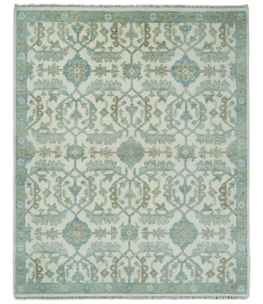 Antique Turkish Oushak 8x10 Beige and Blue Hand Knotted Large Wool Area Rug | TRDCP428810 - The Rug Decor