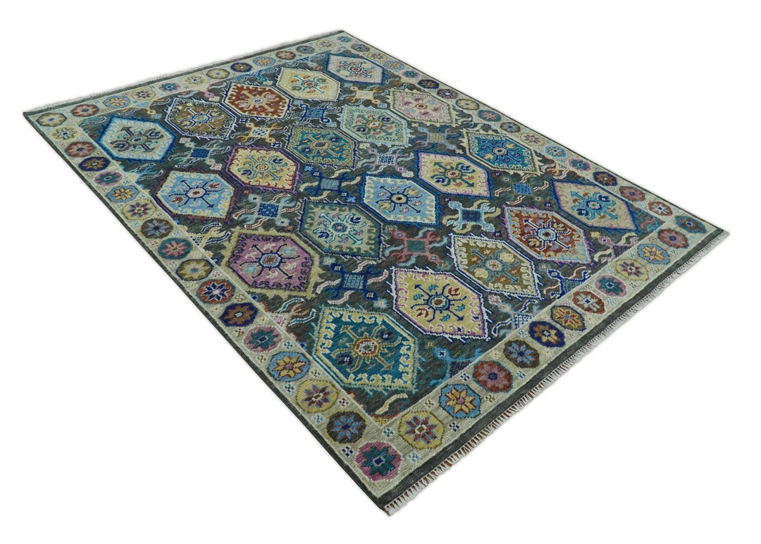 Antique Wool Traditional Persian Charcoal, beige and Blue Hand knotted Oushak 6x9, 8x10, 9x12, 10x14 and 12x15 Area Rug | TRDCP988810 - The Rug Decor