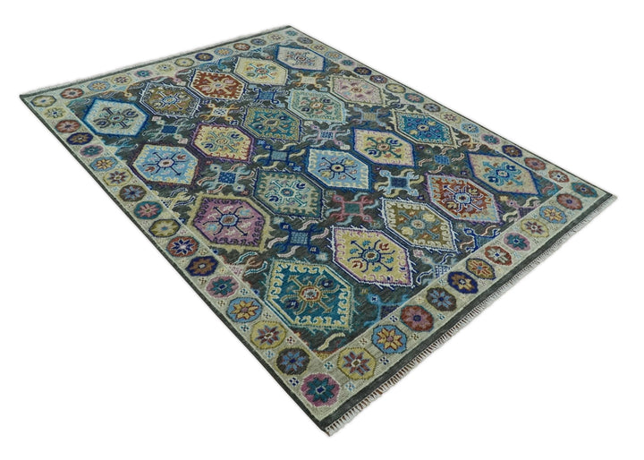 Antique Wool Traditional Persian Charcoal, beige and Blue Hand knotted Oushak 6x9, 8x10, 9x12, 10x14 and 12x15 Area Rug | TRDCP988810 - The Rug Decor