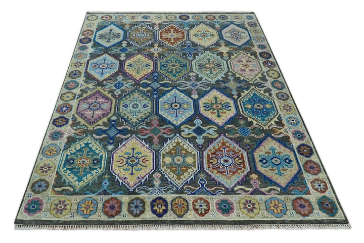 Antique Wool Traditional Persian Charcoal, beige and Blue Hand knotted Oushak 6x9, 8x10, 9x12, 10x14 and 12x15 Area Rug | TRDCP988810 - The Rug Decor