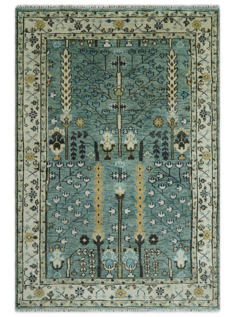 Aqua 5x8, 6x9, 8x10, 9x12, 10x14 and 12x15 Hand Knotted Blue and Ivory Traditional Persian Vintage Heriz Serapi Wool Rug | TRDCP599810 - The Rug Decor
