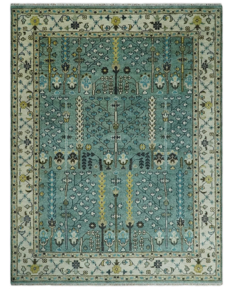 Aqua 5x8, 6x9, 8x10, 9x12, 10x14 and 12x15 Hand Knotted Blue and Ivory Traditional Persian Vintage Heriz Serapi Wool Rug | TRDCP599810 - The Rug Decor