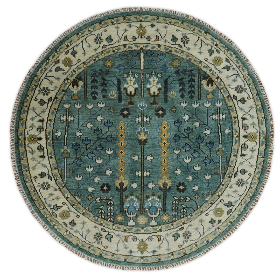 Aqua 5x8, 6x9, 8x10, 9x12, 10x14 and 12x15 Hand Knotted Blue and Ivory Traditional Turkish Vintage Heriz Serapi Wool Rug | TRDCP599 - The Rug Decor