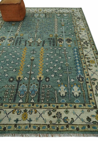 Aqua 8x10 Hand Knotted Blue and Ivory Traditional Persian Vintage Heriz Serapi Wool Rug | TRDCP599810 - The Rug Decor