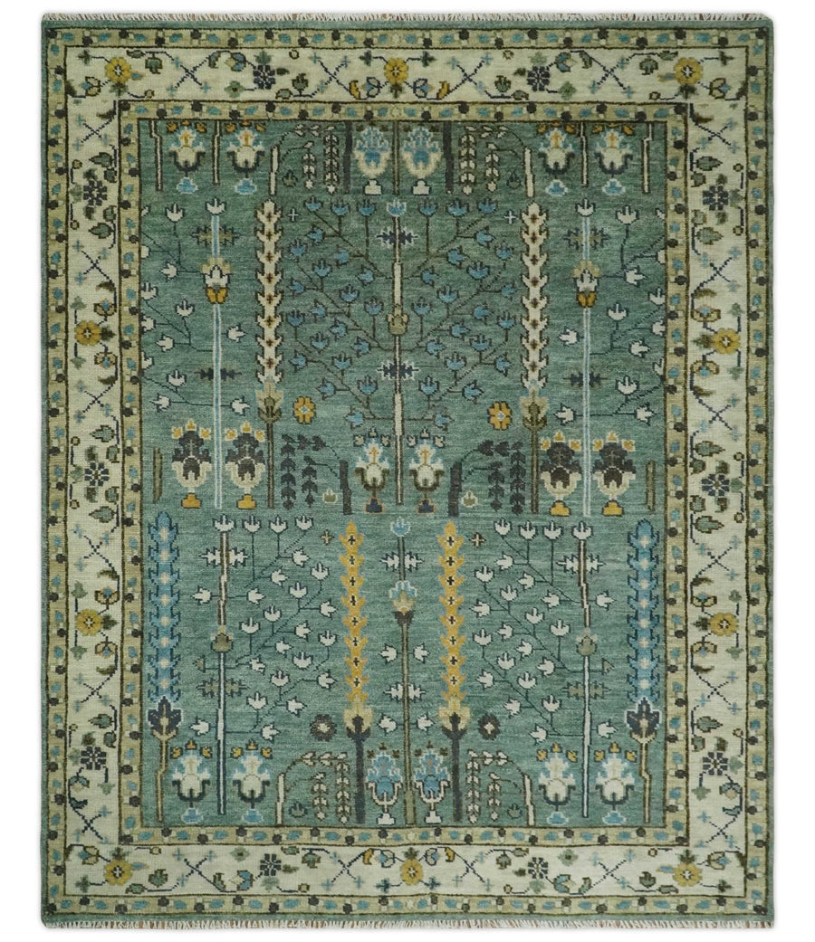 Aqua 8x10 Hand Knotted Blue and Ivory Traditional Persian Vintage Heriz Serapi Wool Rug | TRDCP599810 - The Rug Decor