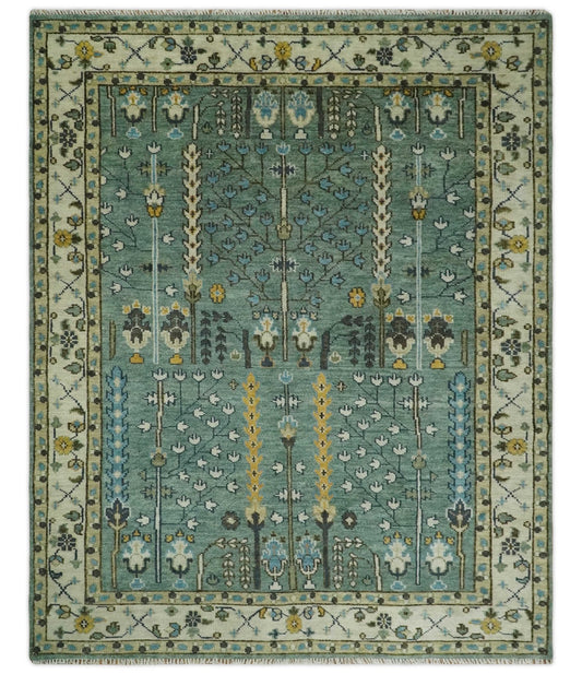 Aqua 8x10 Hand Knotted Blue and Ivory Traditional Persian Vintage Heriz Serapi Wool Rug | TRDCP599810 - The Rug Decor