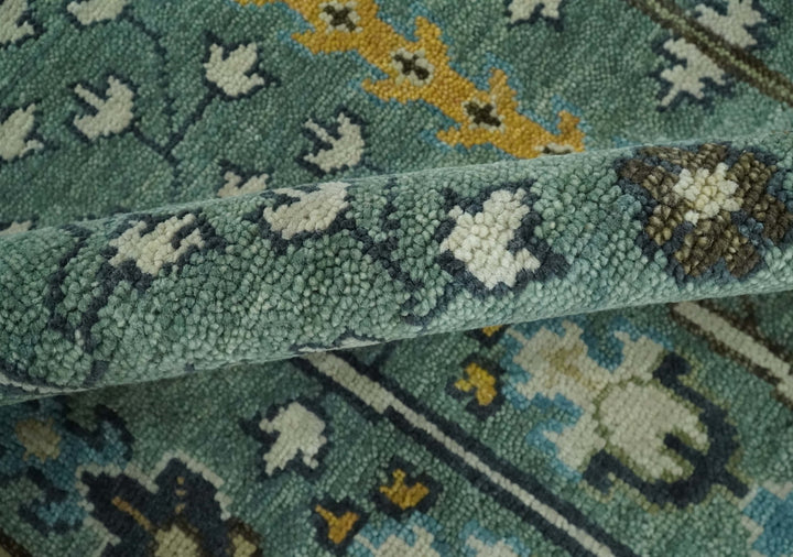 Aqua 8x10 Hand Knotted Blue and Ivory Traditional Persian Vintage Heriz Serapi Wool Rug | TRDCP599810 - The Rug Decor