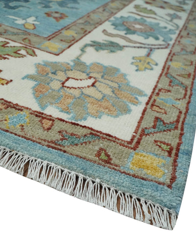 Aqua and Ivory 9x12 hand knotted Vibrant colorful Traditional Oushak Wool Area Rug - The Rug Decor
