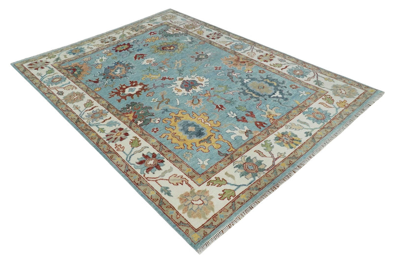 Aqua and Ivory 9x12 hand knotted Vibrant colorful Traditional Oushak Wool Area Rug - The Rug Decor