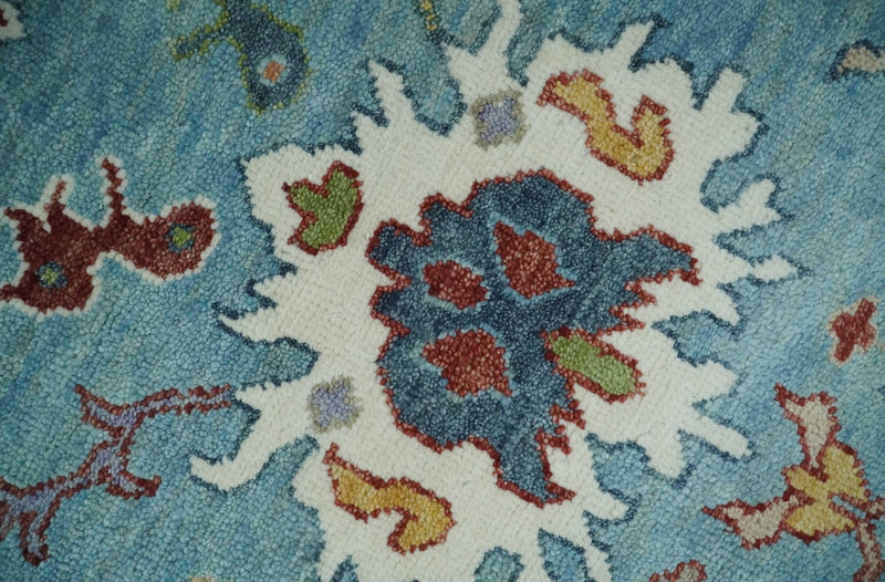Aqua and Ivory 9x12 hand knotted Vibrant colorful Traditional Oushak Wool Area Rug - The Rug Decor