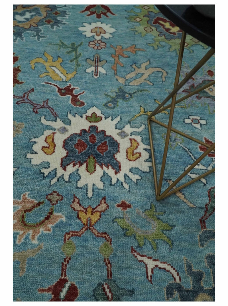 Aqua and Ivory 9x12 hand knotted Vibrant colorful Traditional Oushak Wool Area Rug - The Rug Decor
