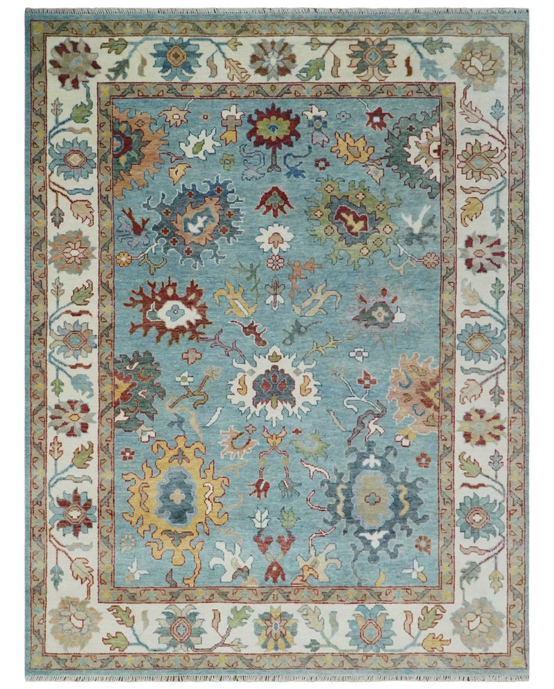 Aqua and Ivory 9x12 hand knotted Vibrant colorful Traditional Oushak Wool Area Rug - The Rug Decor
