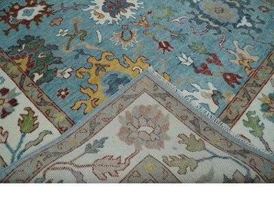 Aqua and Ivory 9x12 hand knotted Vibrant colorful Traditional Oushak Wool Area Rug - The Rug Decor